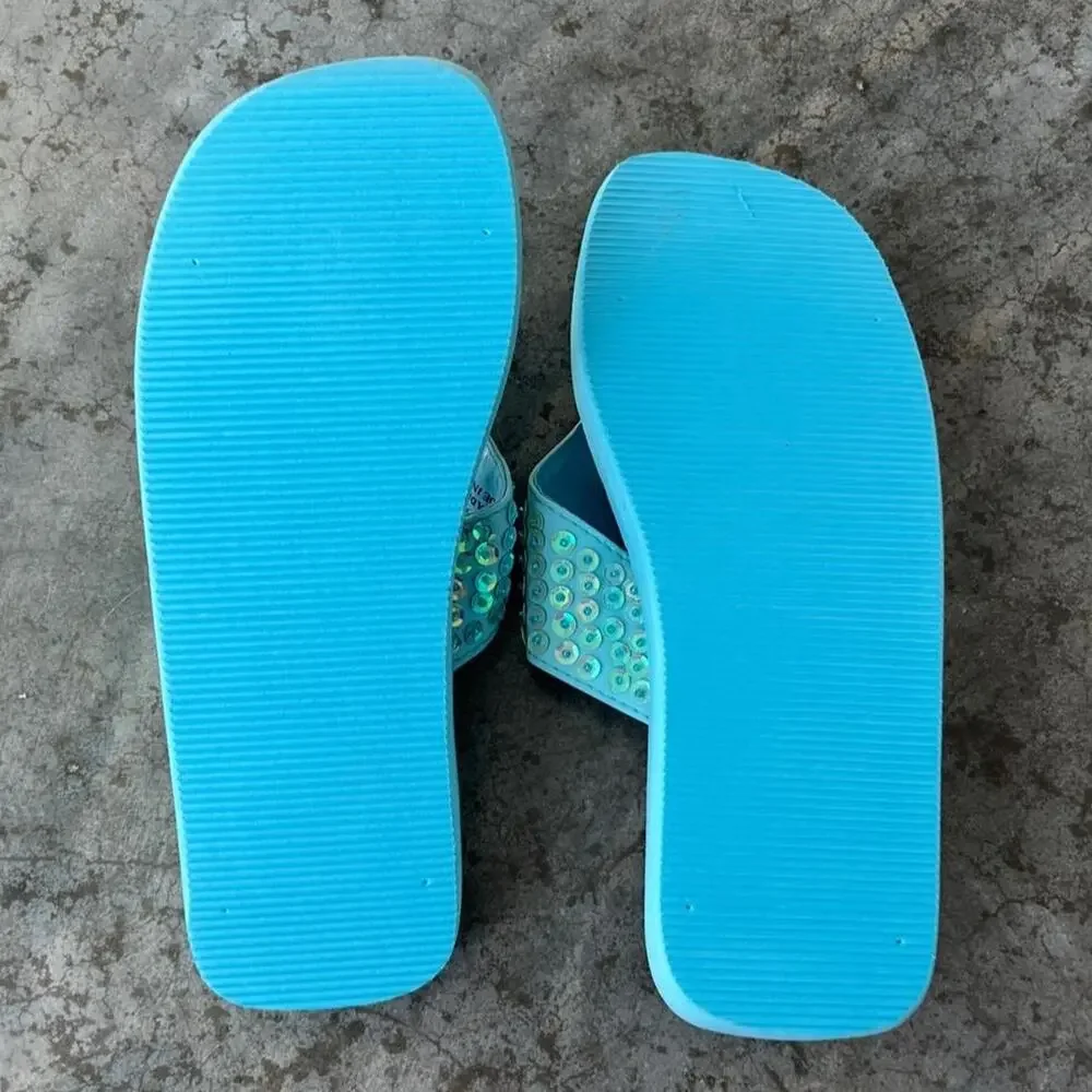 Vintage Y2K Aqua Blue Sequin Platform Flip Flops Sandals Women's 6 Disco 2000s